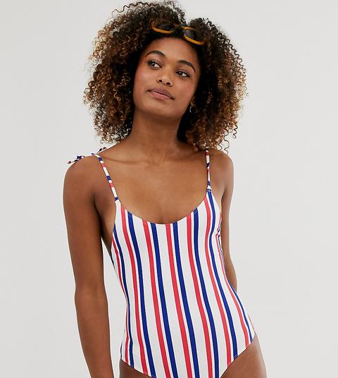 Monki Tie Strap Swimsuit In Nautical Stripe-multi