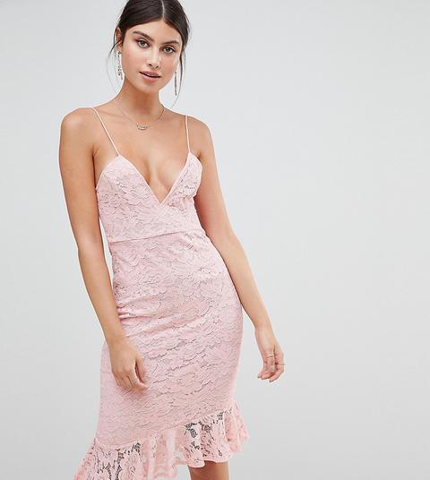 Prettylittlething - Vestito Midi In Pizzo Con Spalline E Volant Sul Fondo - Rosa