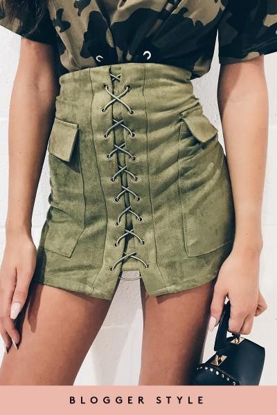 Miranda Khaki Suede Lace Up Mini Skirt