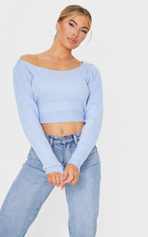 Blue V Neck Off Shoulder Soft Knitted Cropped Jumper