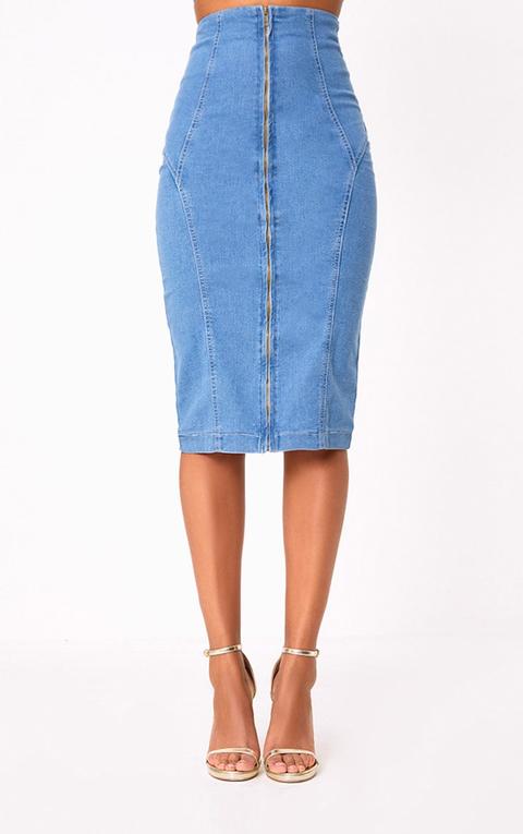 Saia Mid Wash Denim Zip Detail Midi Skirt