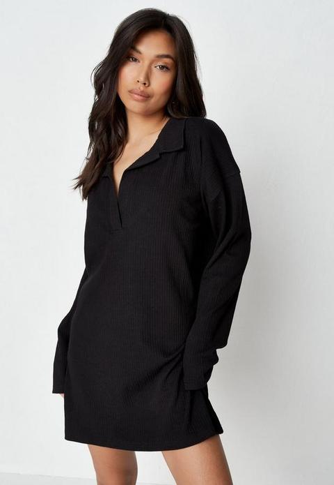 Black Rib Collared Oversized Long Sleeve T Shirt Dress, Black