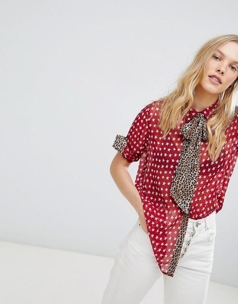 Maison Scotch - Camicia Con Fiocco Morbido E Stampa Mista - Rosso