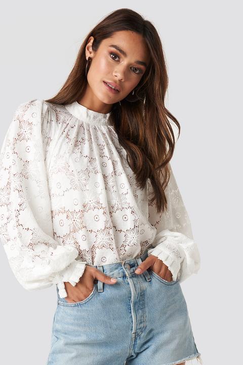 High Collar Flower Lace Blouse Weiß