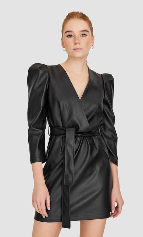 Stradivarius Mini Robe Similicuir Femme Noir S