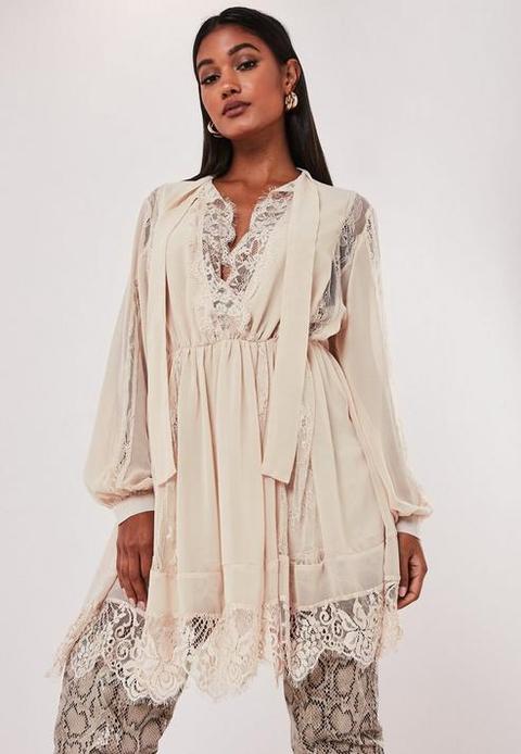 Ivory Chiffon Lace Trim Mini Dress, Cream from Missguided on 21 Buttons
