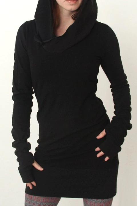 Black Hooded Long Sleeve Dress