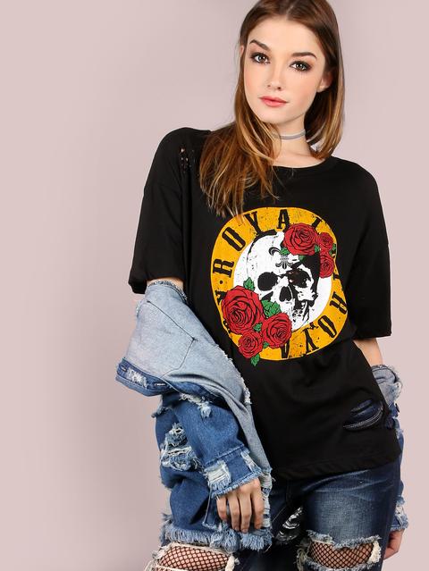 Camiseta Oversize Con Estampado Con Rotura - Negro from SheIn on 21 Buttons