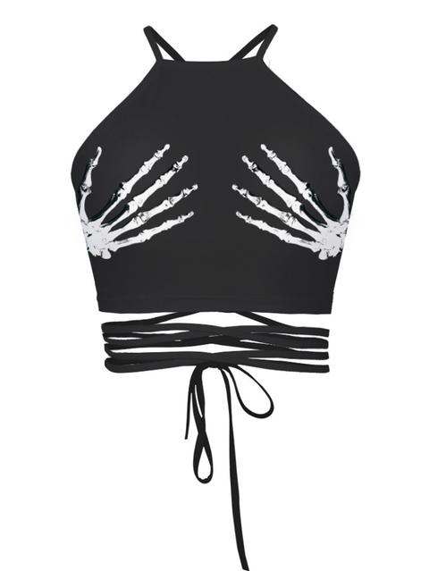 Halloween Skeleton Hand Tie Detail Top