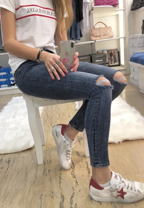 Jeans Skinny Vita Alta Con Strappo