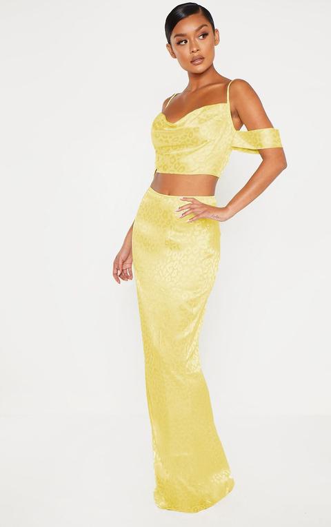 Yellow Satin Jacquard Leopard Print Maxi Skirt, Yellow