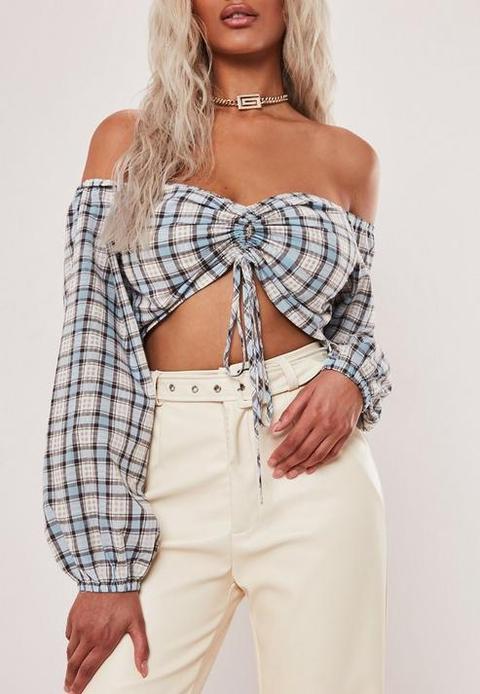 Blue Check Print Ruched Bardot Bralet, Blue