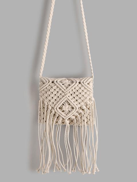 White Tassel Detail Straw Crossbody Bag