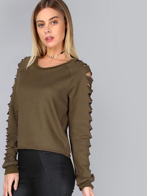 Olive Green Raglan Manica Strappato Felpa