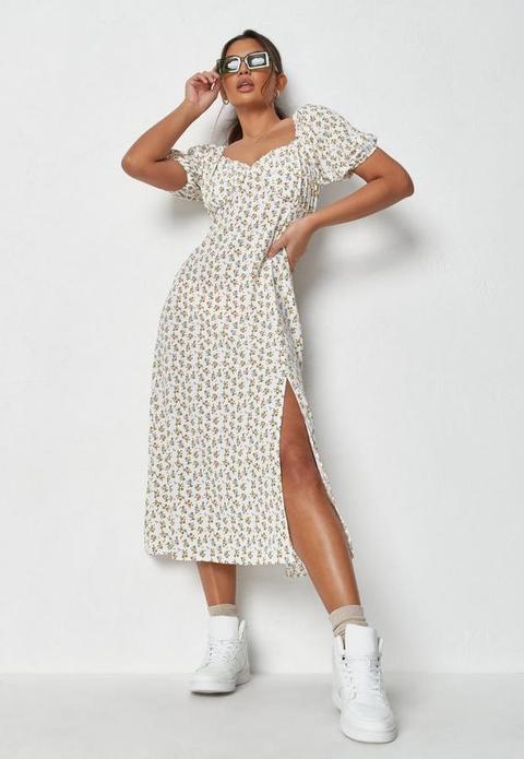 White Floral Print Milkmaid Skater Midi Dress, White