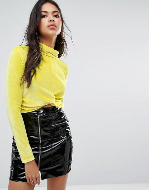 Boohoo - Top In Velluto Con Collo Alto Annodato Davanti - Giallo