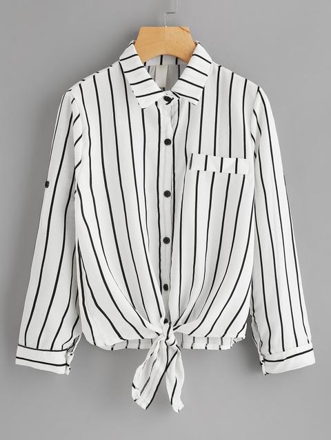 Blusa De Rayas Con Manga Enrollada Y Nudo