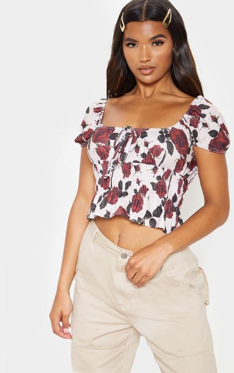 Beige Floral Printed Jersey Ruched Crop Top