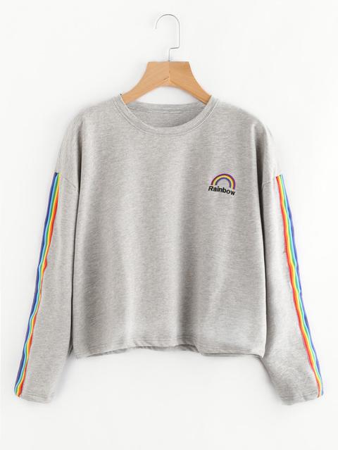 Rainbow Embroidered Striped Sleeve Sweatshirt