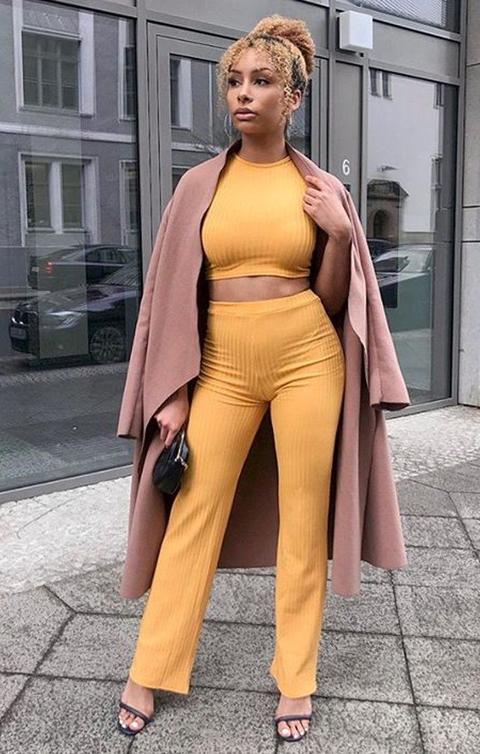 Mustard Crop Ribbed Two Piece Co-ord Set - Suzi