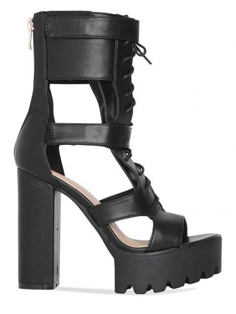 Harlem Black Lace Up Cut Out Platform Heels