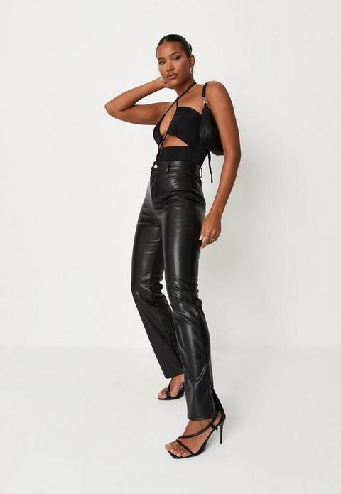 Black Faux Leather Split Hem Straight Leg Trousers, Black