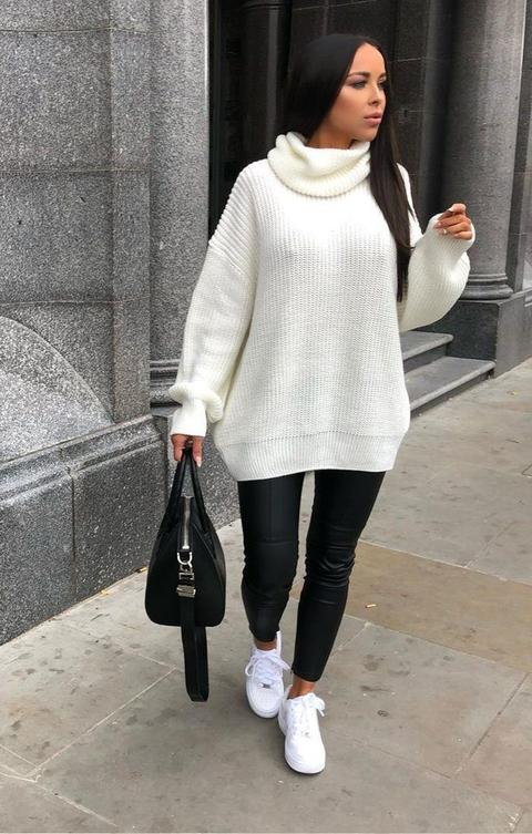 Cream Knitted Oversized Polo Neck Jumper - Polly