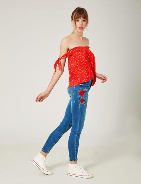 Medium Blue Embroidered Skinny Jeans