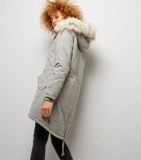 Grey Faux Fur Trim Hooded Fishtail Parka