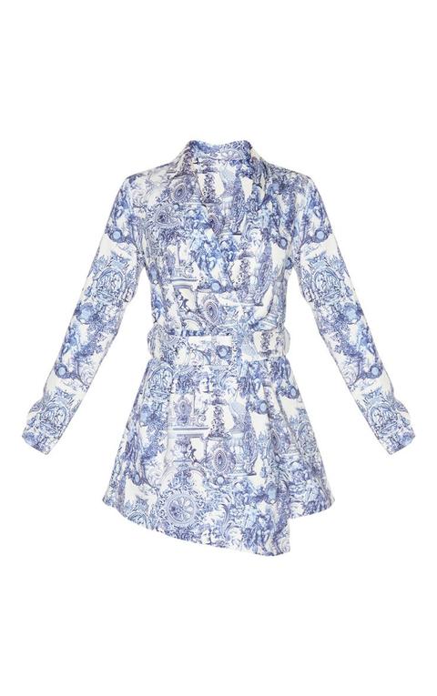 Multi Renaissance Print Long Sleeve Tailored Belted Playsuit from  PrettyLittleThing on 21 Buttons
