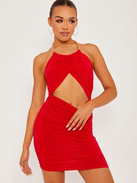 Louisa Chain Halter Cut Out Front Slinky Ruched Dress In Red