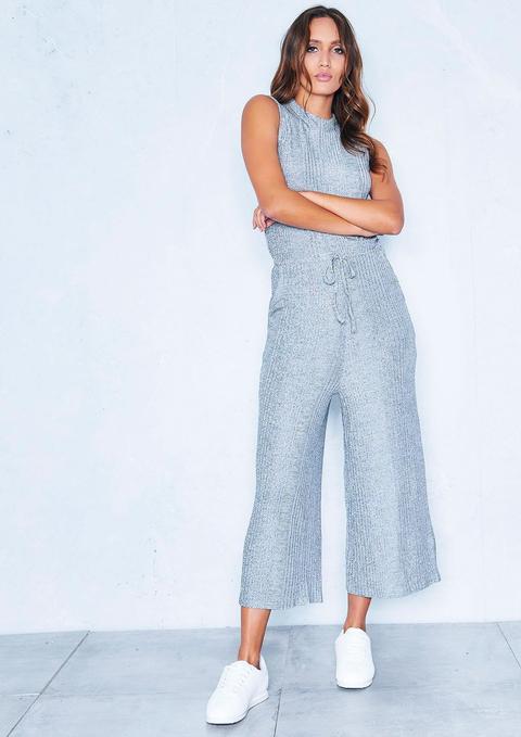 Danielle Grey Ribbed High Neck Sleeveless Jumpsuit