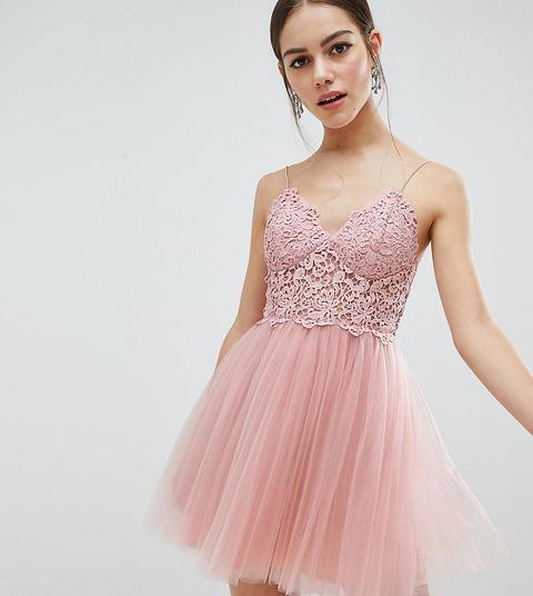 Asos Design Petite Premium - Vestitino In Tulle Con Spalline Sottili E Parte Superiore In Pizzo - Rosa