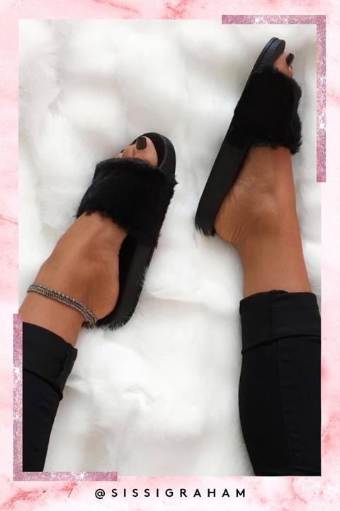 Megan Mckenna Black Faux Fur Sliders