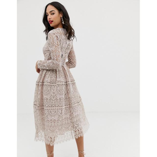 asos design lace long sleeve midi prom dress