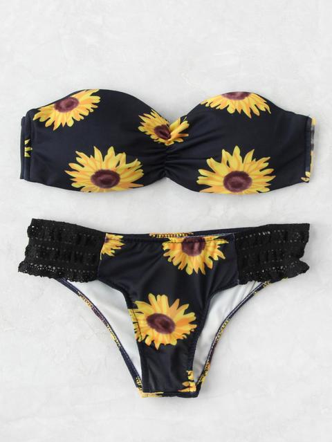 Top Bikini A Fascia Con Stampa Di Girasole ,slip Bikini Con Dettaglio All'uncinetto In Pizzo