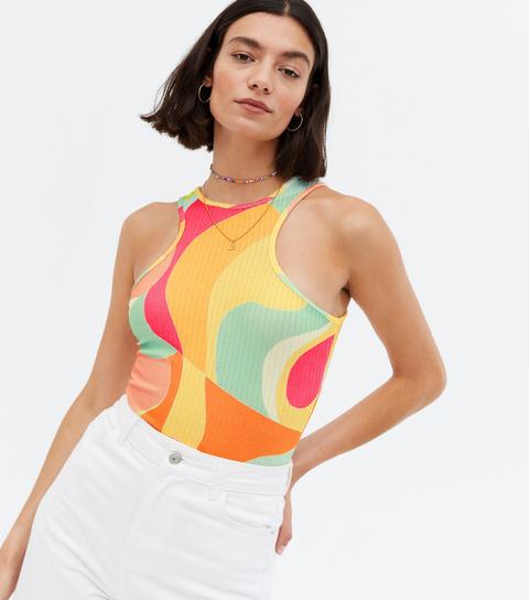 Multicoloured Abstract Ribbed Racer Vest New Look