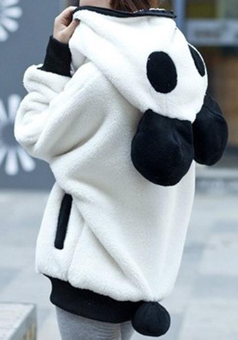 White Panda Print Zipper Fuzzy Pockets Hooded Cute Coat