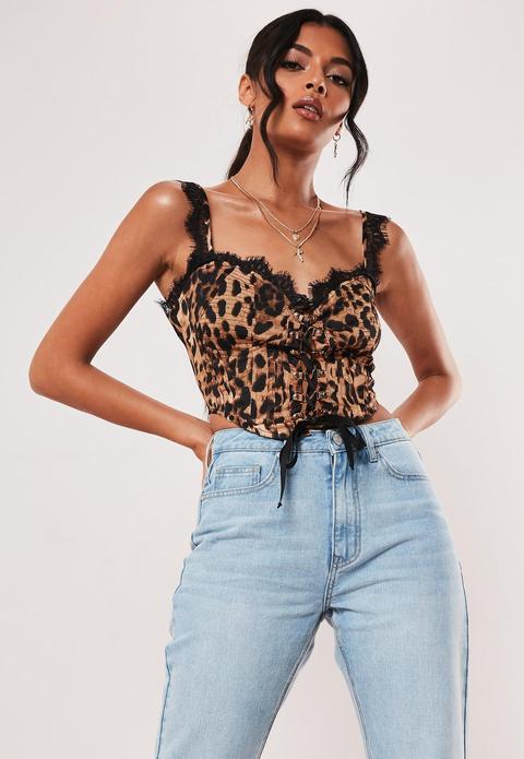 Brown Leopard Print Satin Cupped Crop Top