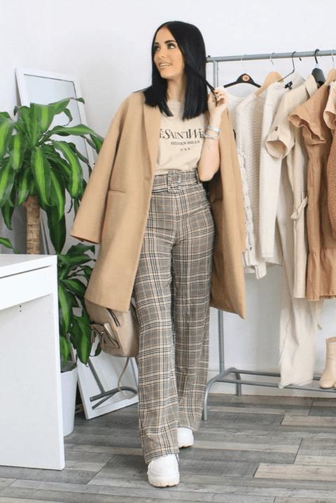 Beige Belted Wide Leg Tartan Trousers