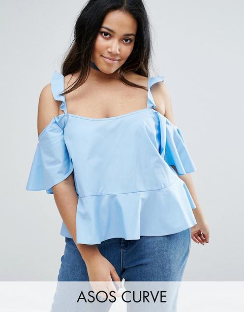 Asos Curve - Top In Cotone Con Spalle Scoperte E Volant - Blu