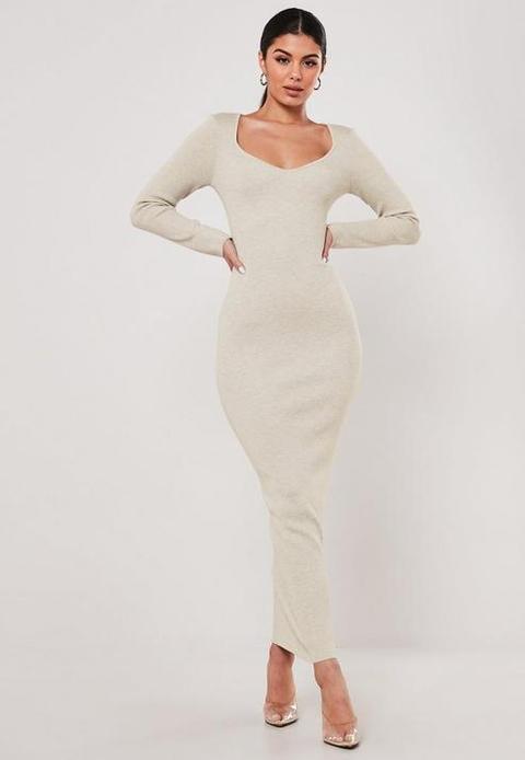 Nude Marl V Neck Knitted Maxi Dress, Nude