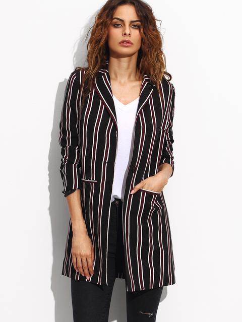 Blazer Largo A Rayas Con Bolsillo Multicolor