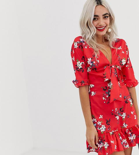Vestido Skater Con Lazo En La Parte Delantera En Estampado Floral Rojo De Parisian Petite