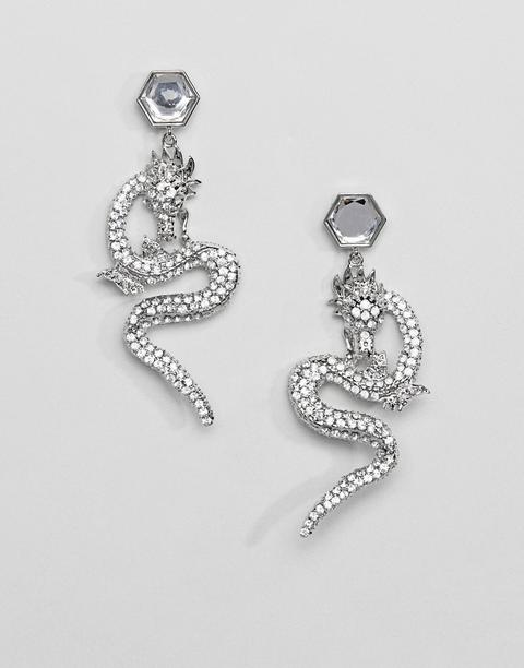 Asos Design - Orecchini Argento Con Dragone E Cristalli - Argento