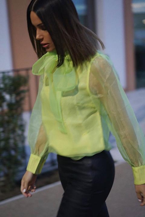 Neon Yellow Mesh Balloon Sleeve Blouse - Elvina