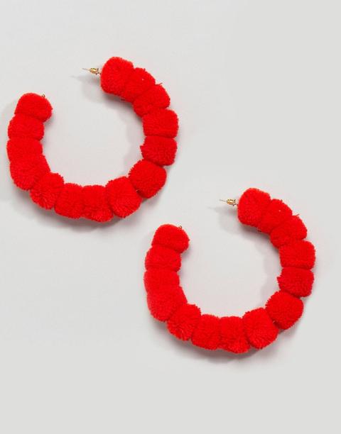 Asos Design - Orecchini A Cerchio Con Pompon A Blocchi Di Colore - Rosso