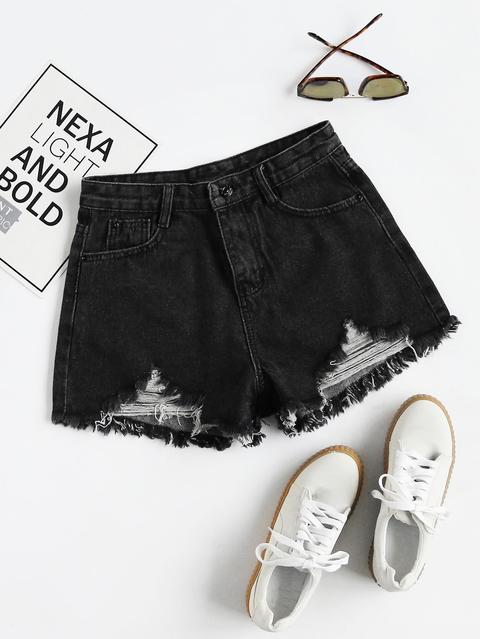 Distressed Fray Hem Denim Shorts