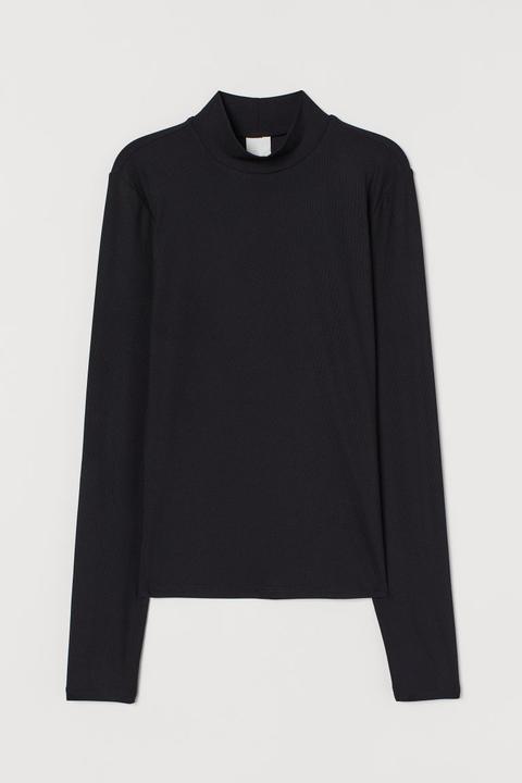 Ribbed Polo-neck Top - Black