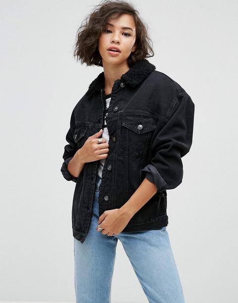 Asos Denim Borg Jacket In Washed Black